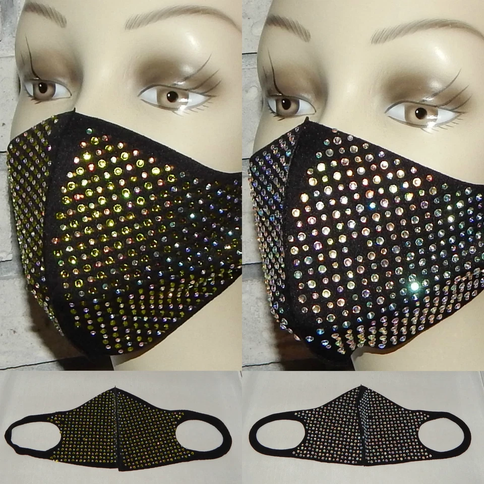 LOT OF 2 BLING GREEN/CLEAR & CLEAR/MORE BEAD WASHABLE STRETCH FACE MASK INDIANA - Image 1 of 1