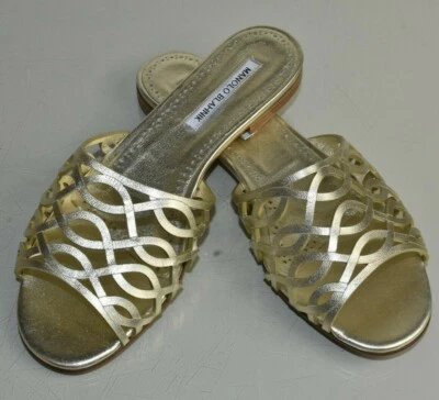 NEW Manolo Blahnik Leather Sandals Laser Cut FLAT  Mules Gold Slide Shoes 41 - Image 1 of 4