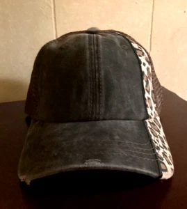 WOMEN'S CAP - Black Canvas/Brown Mesh Distressed Leopard Print Trim - Adjustable - Picture 1 of 6
