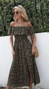 SHEIN Bohemian Chick Allover Print Off Shoulder Split Thigh Dress Small - Picture 1 of 5