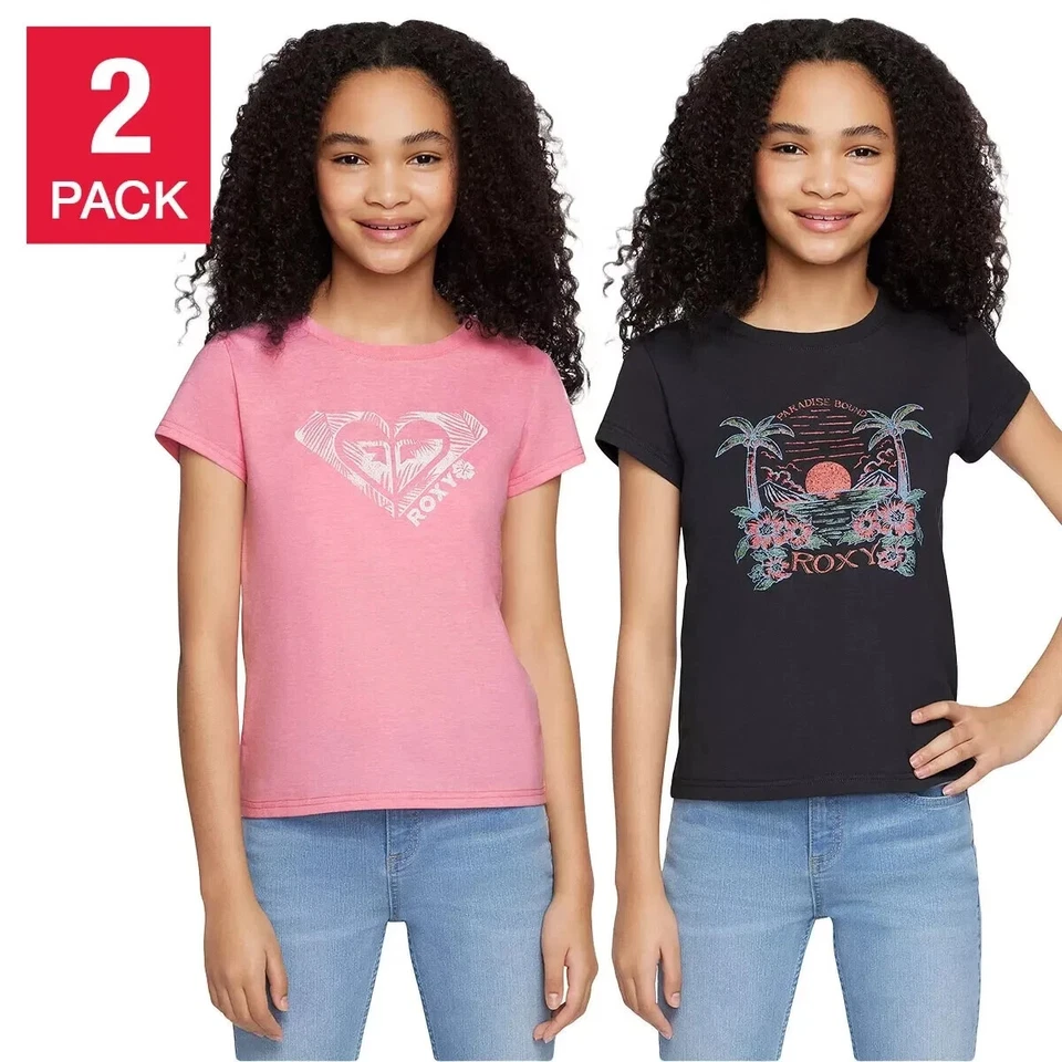 ROXY Girls Size XL 18/20 Black Pink Pack of 2 Tees T-Shirts NWT - Image 1 of 4
