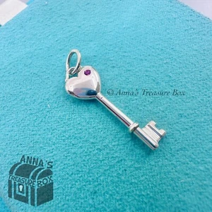 Tiffany & Co. 925 Silver 1.25" Pink Sapphire Heart Key Pendant (pouch) - Picture 1 of 5