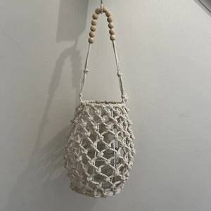 Handmade Boho Hanging Macrame Beaded Lantern Candle Holder Ivory White - Picture 1 of 11