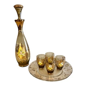 Vintage 1950s Murano Venetian Art Glass Decanter Amber Cordial Set - Picture 1 of 6