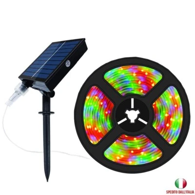 STRISCIA LED MULTICOLORE 5M CON PANNELLO RICARICA SOLARE IMPERMEABILE GIARDINO - Immagine 1 di 4