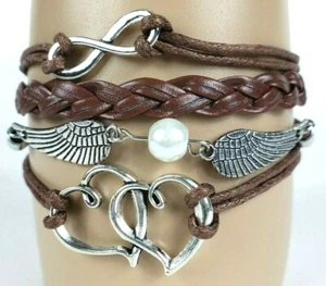 Engelsflügel 2 Herzen weiß Kugel braun Infinity Layer Wickelarmband - Bild 1 von 5