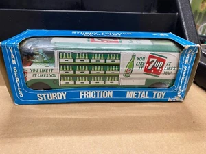 Vintage TAIYO Japan Friction Tin Metal 7UP Bus MIB Never Played With - Picture 1 of 17