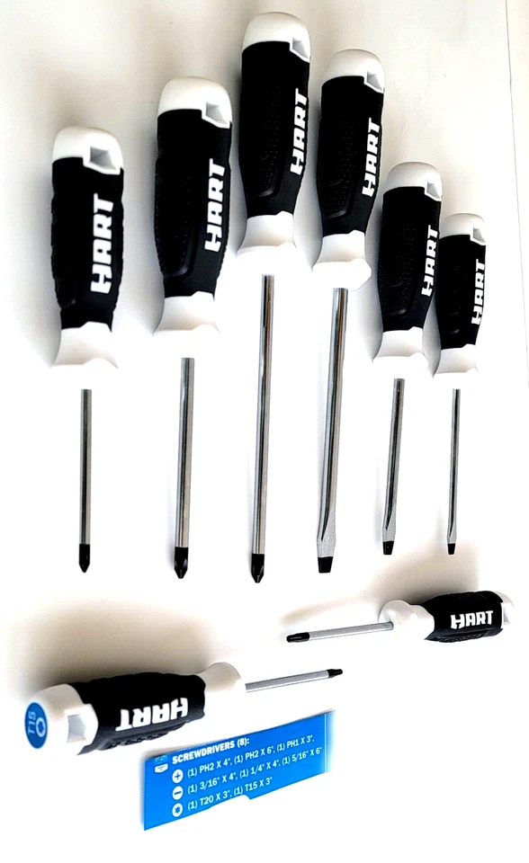8 Destornilladores Hart. Acero endurecido, magnético, dif. tallas.Philips,Plano,Torx Foto 1 de 4