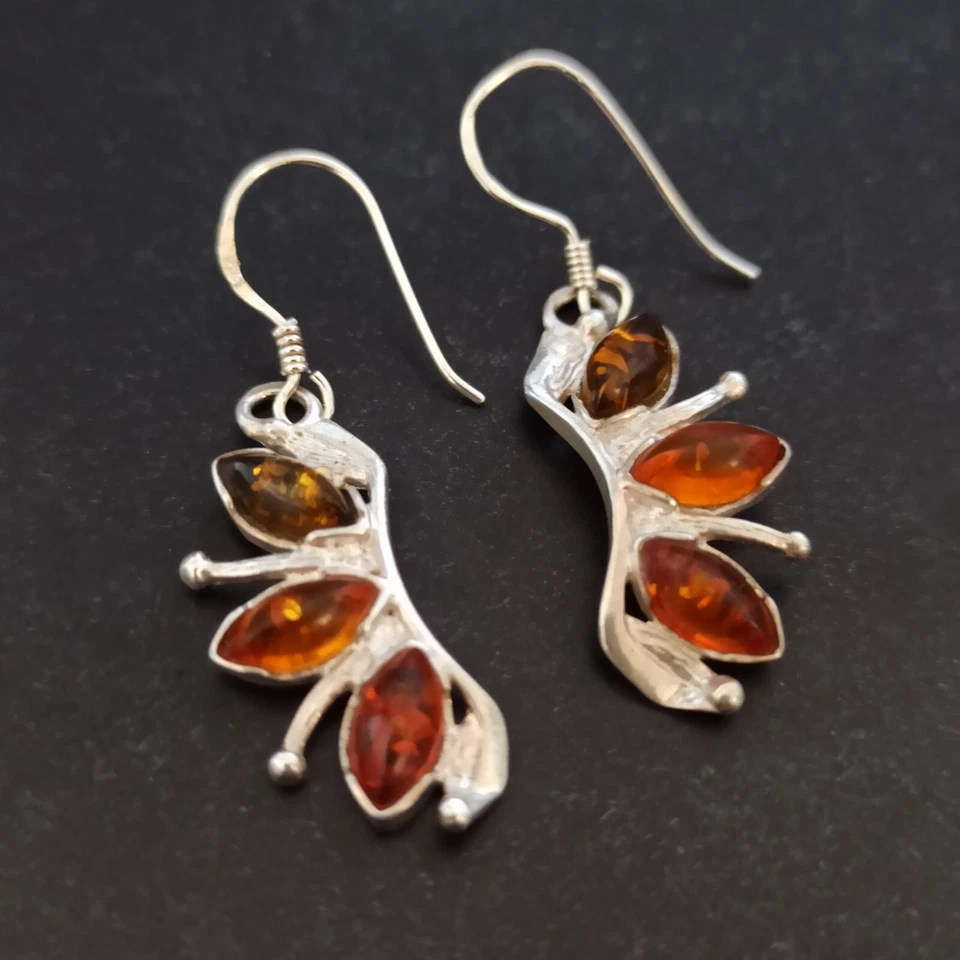 混合琥珀耳环纯银 925 复古艺术装饰复兴经典永恒 — 第 1/4 张图片