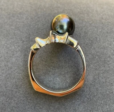 Anillo de mujer hecho a medida, oro blanco de 14K, perla negra de Tahití, talla 7 Foto 1 de 4