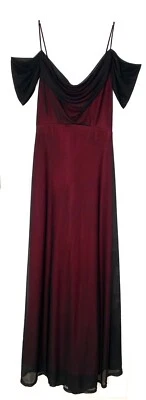 Vestido drapeado de chiffon TADASHI SHOJI Neiman Marcus preto vermelho ombro frio M = 8 - Imagem 1 de 4