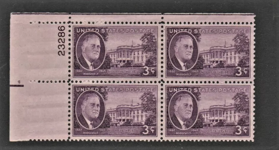 1945 U.S. CLASSIC Roosevelt Commem 3c Purple  Plt#Blk Sc#932 M/NH/OG * Pristine - Image 1 of 1