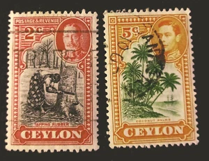 CEYLON 1944 KING GEORGE VI TAPPING RUBBER TREE coconut palm USED lot 2 joined - Picture 1 of 1