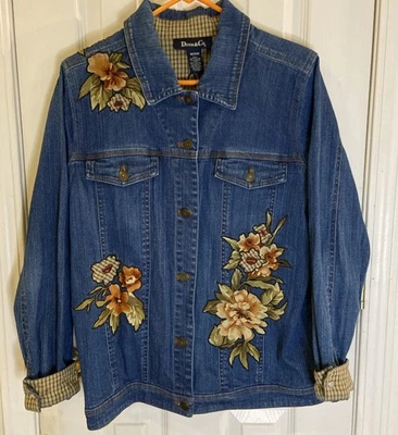 Denim & Co Jean Jacket Womens  M Applique Embellished Flowers Plaid Cuffs - Image 1 of 4