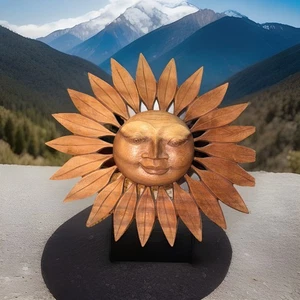 Vintage Bali Holz Teak handgeschnitzt Sonne mit Gesicht Wandbehang atemberaubend! 13” X 13” - Bild 1 von 6