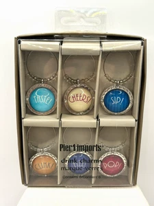 Pier 1 Imports Wine Glass Dome Words Crystal Rhinestone Drink Charms Set Of 6 - Picture 1 of 18