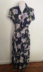 ZARA Navy Blue with Floral/Bird Print Short Sleeve Button Front Midi Dress S8/10 - Picture 1 of 13