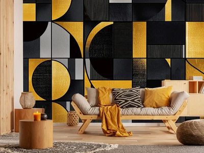 PAPEL PINTADO Salón MURAL PARED 312x219cm Negro y Amarillo Moderno Característico Pared Foto 1 de 4