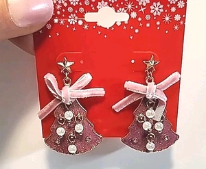 Aretes colgantes árbol de Navidad perla rosa oro balletcore fiesta navideña NUEVO - Imagen 1 de 9