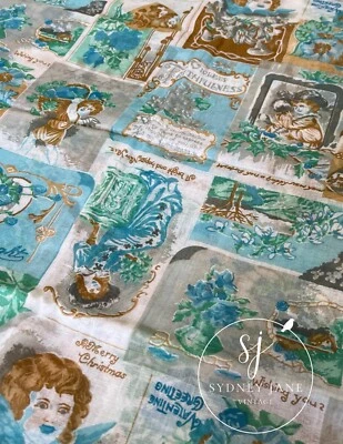 Vintage. MCM. Sheer Holiday Greetings Fabric. 44" x 2.5 Yards. Crantex. Aqua. - Image 1 of 3