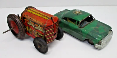 Vintage Lot 2 Tin WIND-UP TRACTOR MARX & Friction Police Car LINEMAR TOYS CM1534 - Image 1 of 4