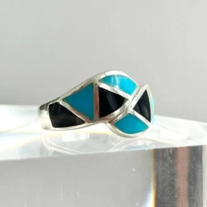 Onyx & Türkis Intarsien Geometrisch Southwestern Stil Vintage Unisex Ring Gr. 4,5 - Bild 1 von 8