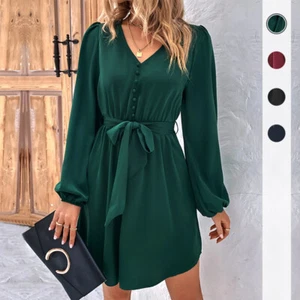 High Quality Women Waist Tie Dress Long Sleeve V-Neck Casual Tunic Dress - Picture 1 of 17
