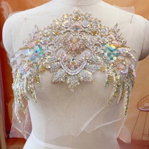 Paillettes Perline Applique Patch Passamanerie Ricamate per Abito da Sposa Fai da Te - Foto 1 di 7