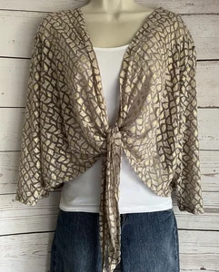 Chico's Travelers Collection Topper sz 3 sz XL Sheer Gold Brown Ivory Tie Front - Picture 1 of 7