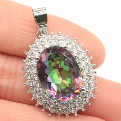 Elegante Colgante de Plata Ovalado Piedras Preciosas Fuego Arco Iris Topacio Místico Circonita cúbica Uso Diario Foto 1 de 2