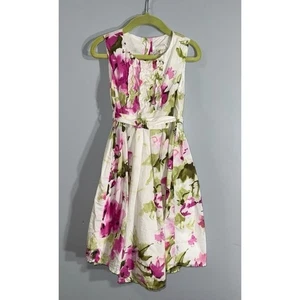 Jottum girls white and pink floral tie waist dress ruffle chest dress US 7-8 - Picture 1 of 9