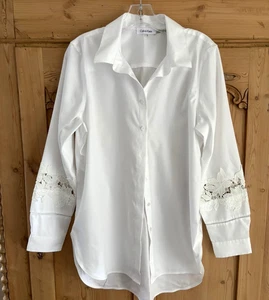 CALVIN KLEIN Women's Long lace Sleeve Button Up White Shirt Blouse M - Picture 1 of 5