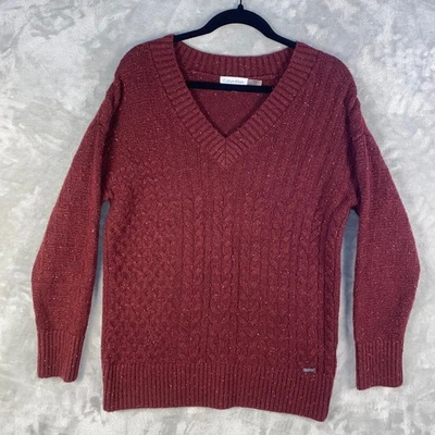 Suéter Calvin Klein malha cabo gola V médio metálico vermelho borgonha - Imagem 1 de 4