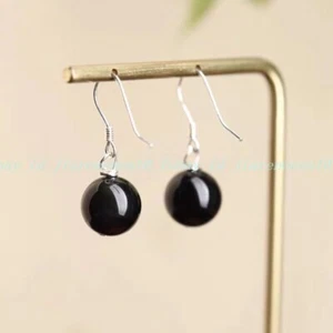 Natural 12mm Black Obsidian Gemstone Round Beads Dangle Hook Earrings - Picture 1 of 12