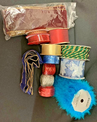 LOT of 13 Different Ribbon Types Wired Boa Lame Cord Metallic Christmas MORE New - Image 1 of 4