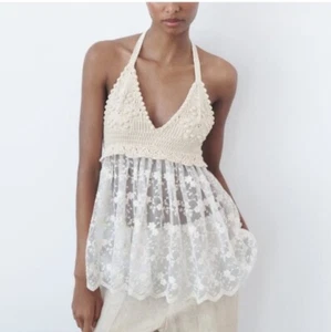 Abito donna Zara panna all'uncinetto e pizzo floreale con bretelle taglia S nuovo con etichette.Elegante  - Foto 1 di 10