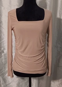 21 Saints Tan Square Neck Top Womens Size Large Pleated Sides Ruched Knit - Picture 1 of 13