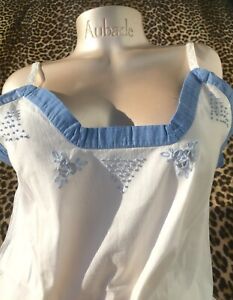 FRENCH 1900s SUMMER NIGHTGOWN SLIP~WHITE COTTON~FLORAL/DOTS EMBROIDERIES~NEW~M/L