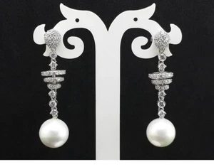 Pearl Dangle Drop Earrings For Women 925 Sterling Silver White Round-Cut Diamond - Picture 1 of 10