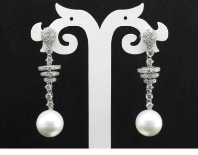 Pearl Dangle Drop Earrings For Women 925 Sterling Silver White Round-Cut Diamond - Image 1 of 4