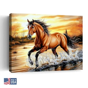 Horse Painting Sunset Home Decor Art Galloping Beauty in Water Landscape Wall - Picture 1 of 8