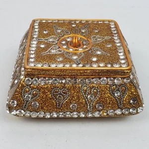 Vintage Elegant Royalty Trinket Box 2.5 Inch Square Solid Heavy w/ Rhinestones - Picture 1 of 7