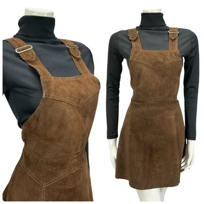 VTG 60S 70S DARK BROWN SUEDE HIPPY BOHO PINAFORE MINI DRESS 10 - Image 1 of 4