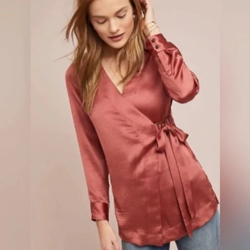 Anthropologie Moulinette Soeurs Cinnamon Long Sleeve Chic Satin Wrap Top Size S - Image 1 of 4