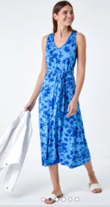Roman Blue Floral Midi Dress Size 14 RRP £38 Summer - Picture 1 of 12