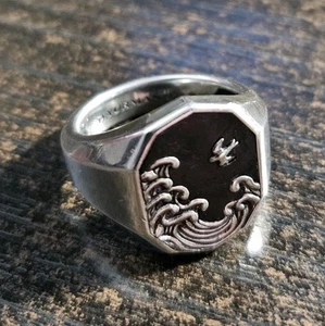 David Yurman Mens Waves Signet Ring in Forged Carbon & Sterling Silver Size 9 - Picture 1 of 6