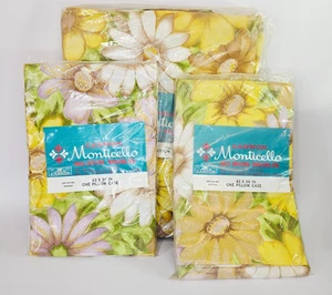 Juego de sábanas ajustables vintage Groovy amarillo flor margarita tamaño completo y 2 fundas de almohada - Imagen 1 de 7