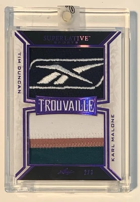 TIM DUNCAN & KARL MALONE Leaf Superlative TROUVAILLE REEBOK LOGO PATCH #/3 RARE - Image 1 of 2