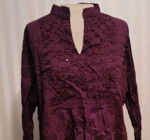 Greater Good Sz XXL Beaded Embroidered Top Purple Crinkle Cotton Boho Whimsigoth - Picture 1 of 8