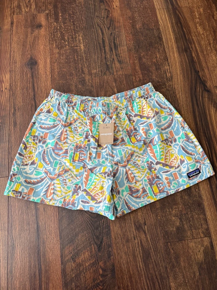 Patagonia Shorts Womens Funhoggers 4" Thriving Planet Lago Blue XLarge